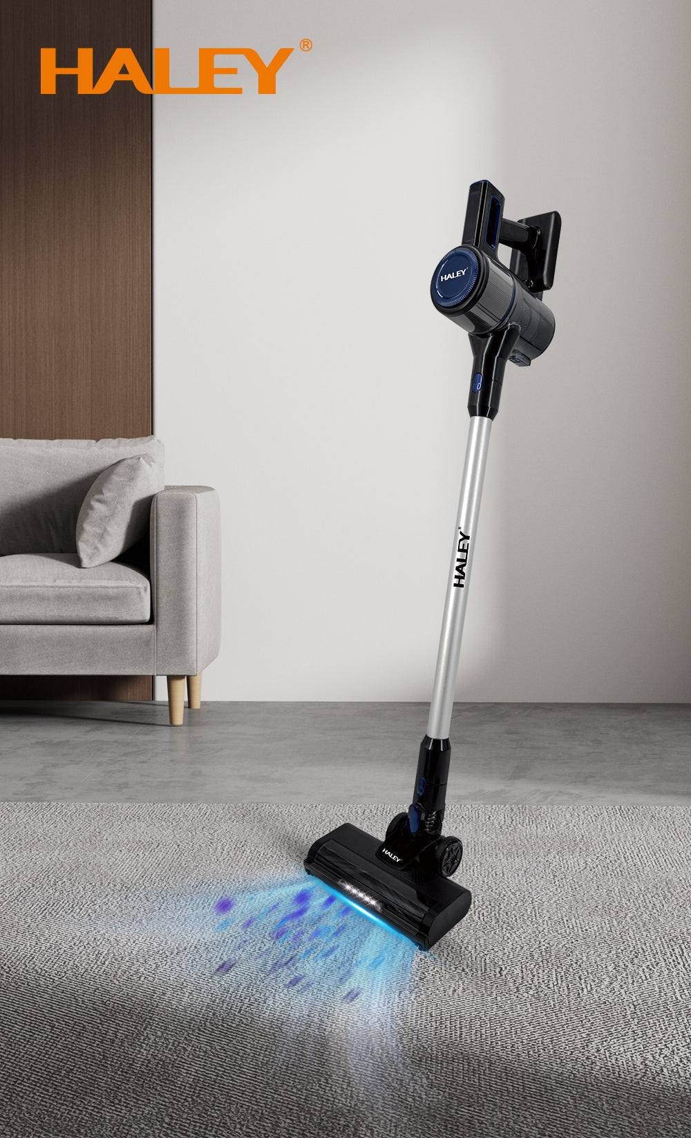 Aspirator Vertical cu Fir 2 în 1 HALEY®, 300W, 22.2V, Autonomie 35 Min, Perie LED, Filtru Lavabil, Recipient 1L, Negru/Argintiu